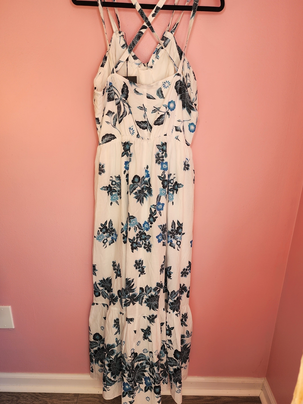 Floral Rain Cotton Dress Interlaced Straps Summer Flouncy Hem - Picture 8 of 10